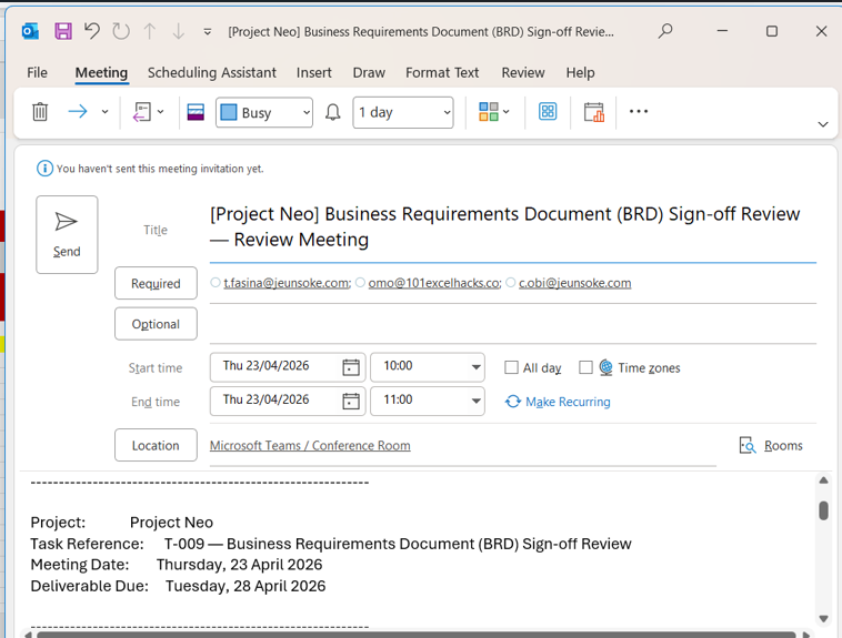 Auto-generated Outlook meeting invite showing the review meeting title, 10:00 to 11:00 time slot, Microsoft Teams / Conference Room location and pre-filled project, task reference and agenda body