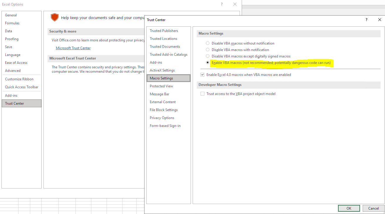 Excel Trust Center - Macro Settings dialog